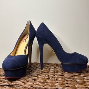 Never Been Worn Charlotte Olympia Dolly Navy Suede Platform Heels - Size 40